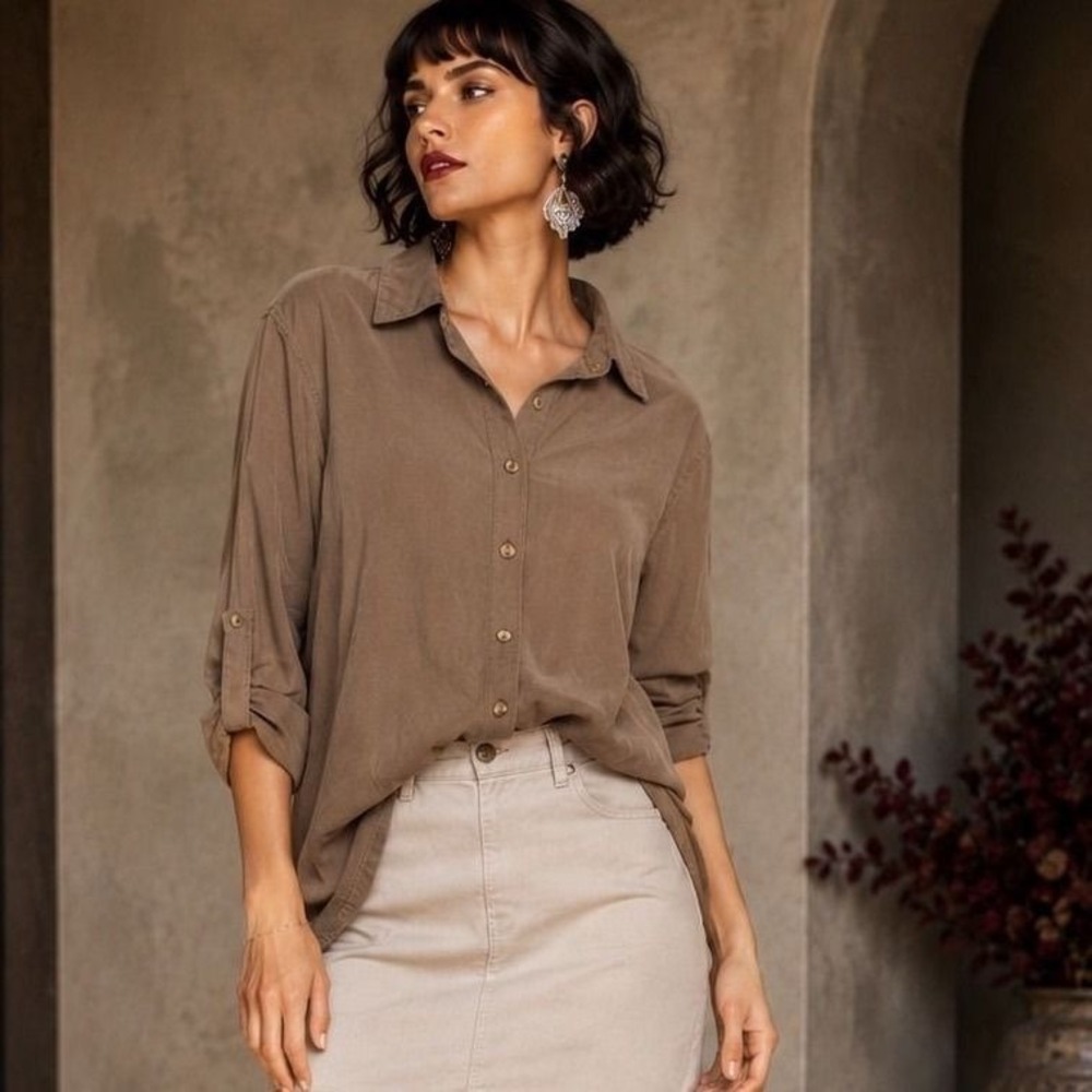 Magic Mountain L Brown Cotton Roll Tab Utility Shirt